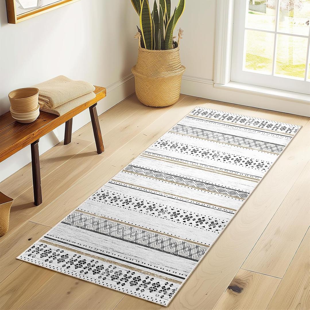 BESTSWEETIE 2x6 Area Rugs for Living Room Washable Moroccan Farmhouse Neutral Geometric Low Pile Non-Slip Soft Print Pattern Rug for Bedroom Kitchen Dining Room Entryway Black/Brown