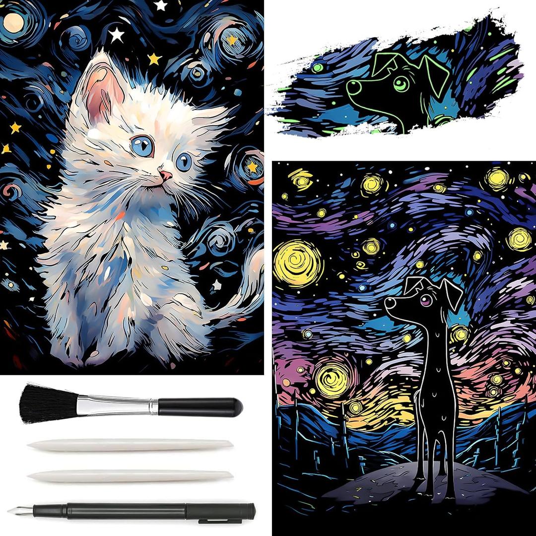 AP ARTSPER 2 Pack Night Glow Scratch Art Rainbow Painting Paper, Magic Glow-in-The-Dark Scraping, Van Gogh Style Creative Craft Set, Fun DIY Toy Sketch Card Scratchboard for Kids, Adults (Dog/Cat)