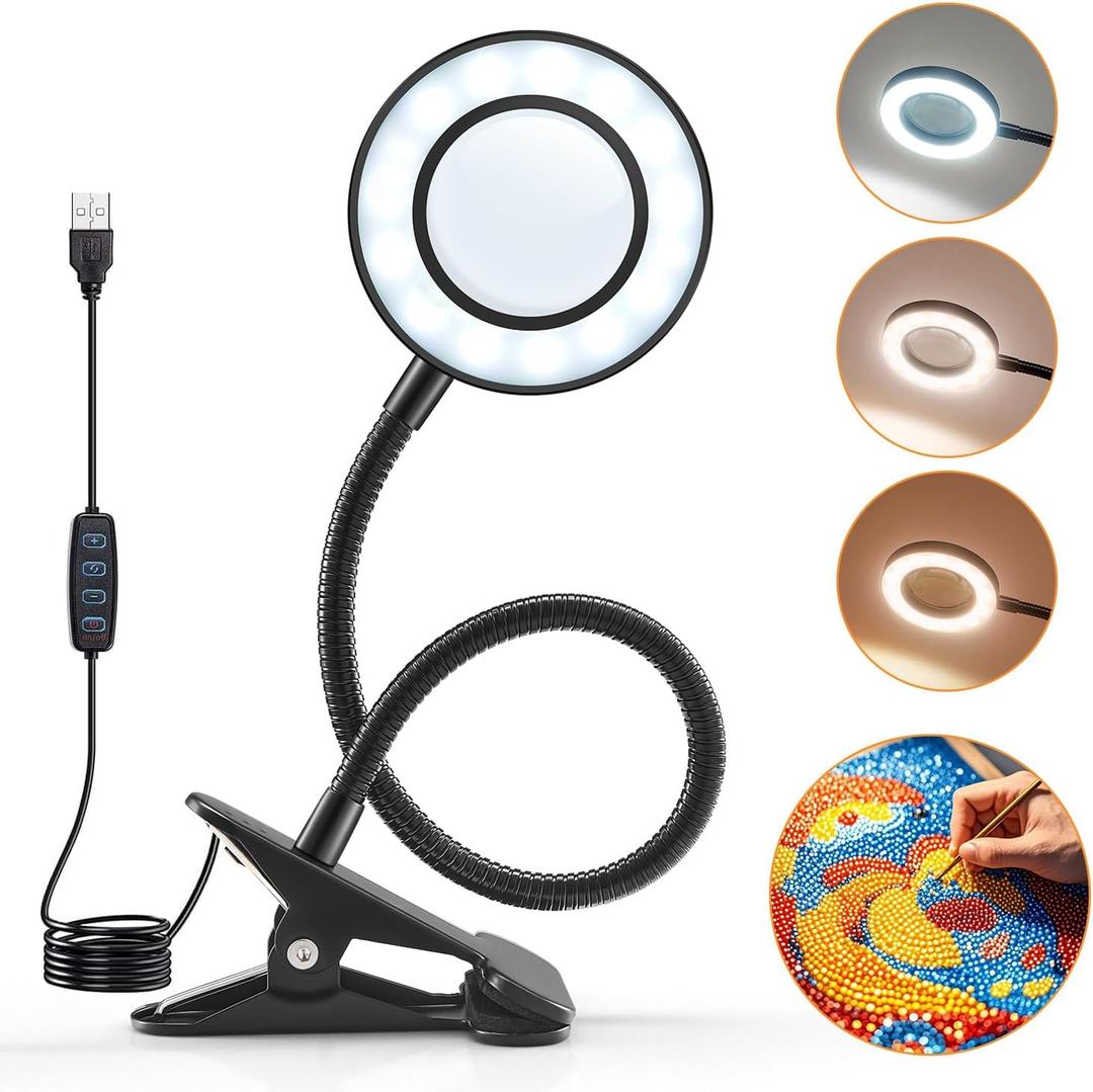 10X Lighted Magnifying Glass - 3 Colors & 10 Brightness Clip On Desk Lamp with Clamp Light - 1000 Lumen Hands Free Magnifier (Black)