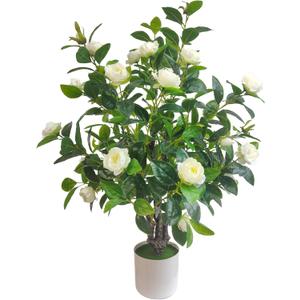 Artificial Camellia Tree 35in Faux Floral Plant with White Flowers and Green Leaves - No Maintenance Indoor Outdoor Office Home Porch Decor Housewarming Gift(1 Pack - White) (1pack-white)