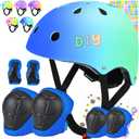 Color Gradient Kids Bike Helmet and Pads Adjustable Helmet for Kids Protective Gear Set with Elbow Knee Pads Wrist Guards for Cycling Bicycle (Medium: 21.7"-22.8" /55-58cm, BlueBlueGreen-2)