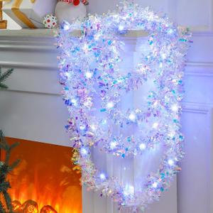 Kingdder 16.4 ft Christmas Prelit Tinsel Lighted Garland with 50 LED Lights Hanging Christmas Foil Tinsel Garland for Xmas Tree Wedding Party(White, Iridescent White)