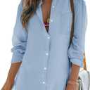 Womens Beach Cover Up Long Sleeve Button Down Swimsuit Bikini Coverup Shirt (Blue, L)