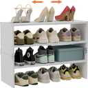 White Shoe Rack Organizer for Closet, 3-Tier Expandable Shoe Shelf, Stackable Iron Wood Combination Shoe Racks Shelves for Closets, Entryway,Small Space,Hallway,Garage,Holds 8-16 Pairs of Shoes