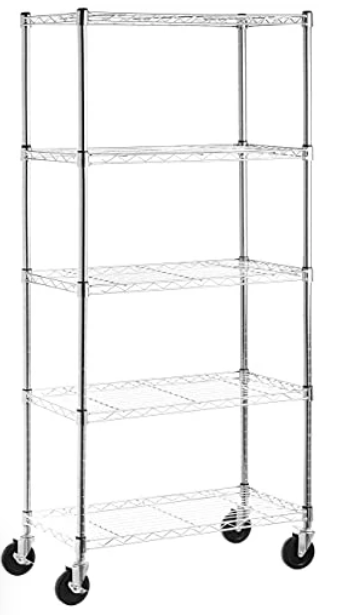 5 Shelf Medium Adjustable Heavy Duty Storage Shelving Unit on 4" Wheel Casters, Metal Organizer