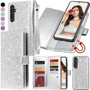 Varikke for Galaxy S24 FE Wallet Case Detachable with Card Holder for Women, Fashion PU Glitter Leather Strap Magnetic Flip Wallet Removable Phone Case Cover for Samsung Galaxy S24 FE 5G 6.7", Silver