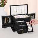 Poyilooo Jewelry Box Organizer, Solid Wood Jewelry Boxes for Women, Double Layer Jewelry Organizer Box Display Earring Necklace Bracelet Ring, Rustic Style Small Jewelry Box for Girls (Black)