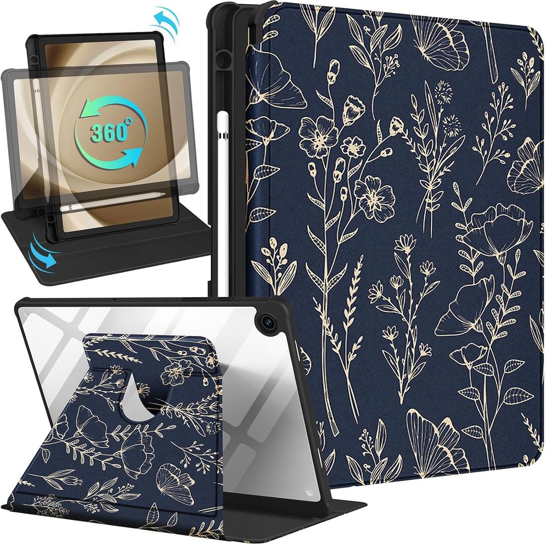 Kidcube for Samsung Galaxy Tab A9 Plus Case 11 Inch for Women Girls Cute Folio Cover with Pencil Holder Pretty Floral Flowers Girly Design Rotating Stand for Tab A9+ Plus Tablet Case SM-X210/X216/X218 (5-Gold Flower)
