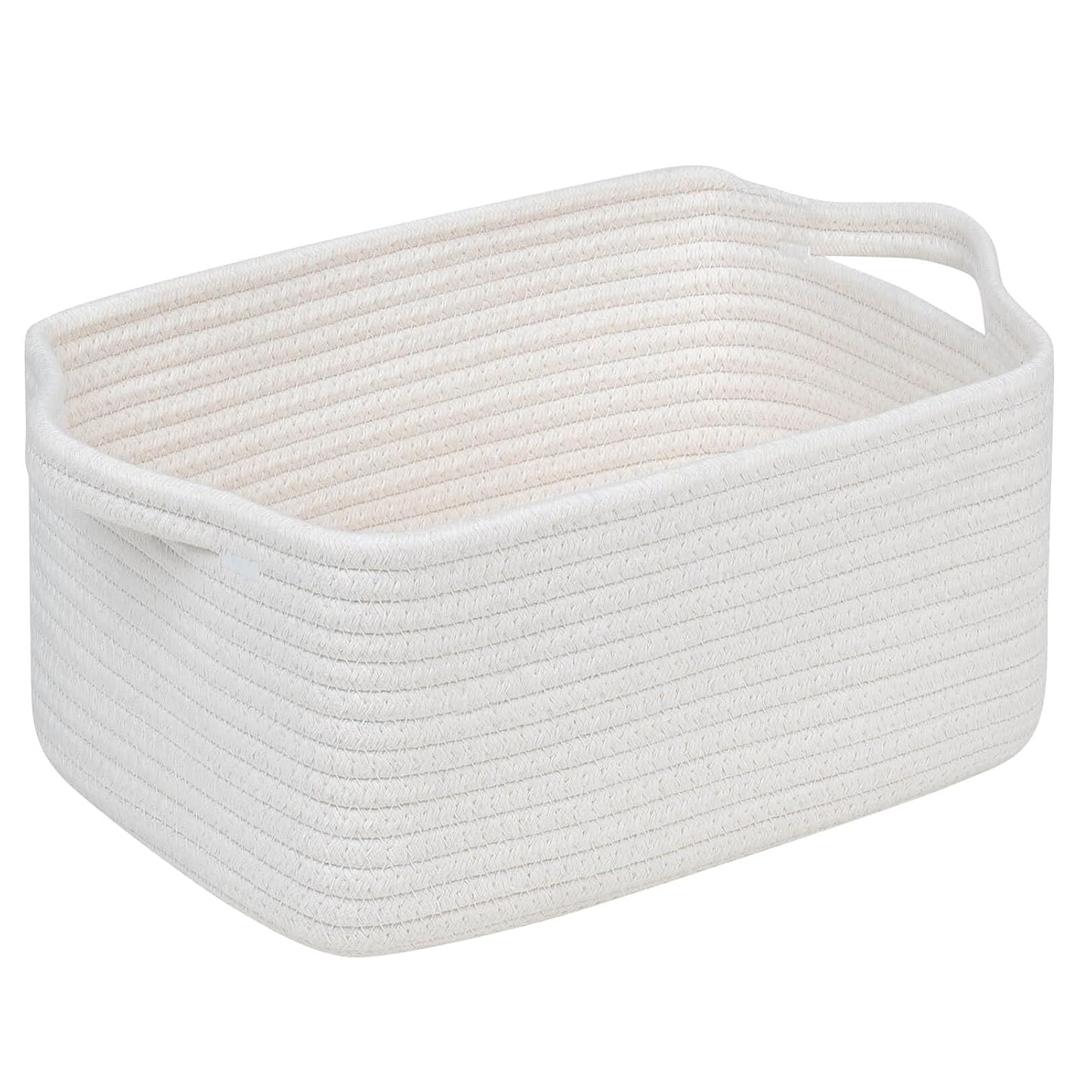 CubesLand Woven Cotton Rope Basket for Laundry, Book, Nursery, Clothes, Shoes, Toys Organizing and Bedroom Home & Living Room Decor, with Durable Handle, Rectangular 14x10x7.08IN White
