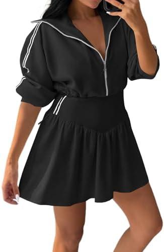 Fisoew Womens 2 Piece Outfits Skirts Sets Quarter Zip Cropped Sweatshirts Casual Mini Skorts Workout Lounge Wear Sweatsuits, Medium