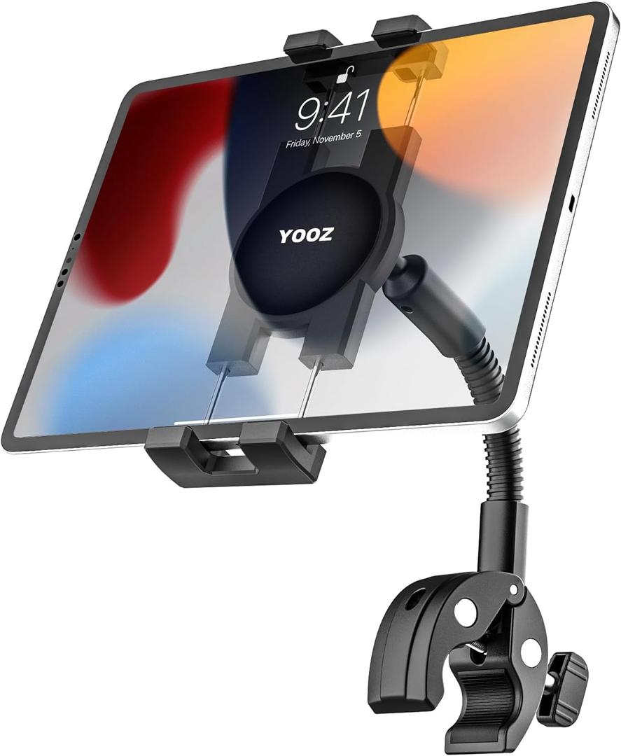 Handlebar Tablet Holder for Bike Pram Moto Wheel Chair [Metal Gooseneck Arm] Stroller Boat Treadmill Bicycle Mount Clamp for Tablet & Phone, iPad Pro Air Mini, Galaxy Tab, Kindle, 4-13"