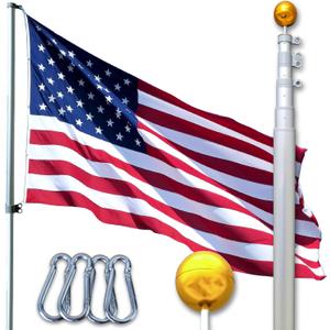 Service First Silver 20FT Telescoping Flagpole Kit for Outside House In Ground - Anti Tangle Swivel Ring Design - 100MPH Wind Tested