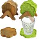 8-Piece Acacia Wood & Absorbent Felt Coaster Set with Stand, Decorative Flower Design - 4" Minimalist Drink Holders for Cold & Hot Drinks, Rustic Modern Decor for Bar & Office - Natural