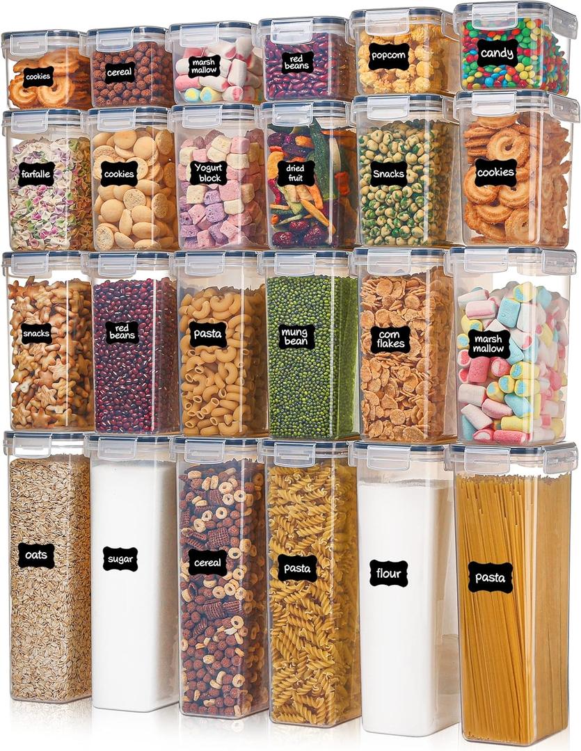 Airtight Food Storage Containers with Lids, Vtopmart 24 pcs Plastic Kitchen and Pantry Organization Canisters for Cereal, Dry Food, Flour and Sugar, BPA Free, Includes 24 LabelsBlack