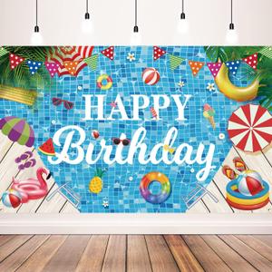 Pool Birthday Party Decorations, Happy Birthday Banner, Pool Party Backdrop for Birthday Party, Summer Party Decorations for Birthday, 72x43 inch