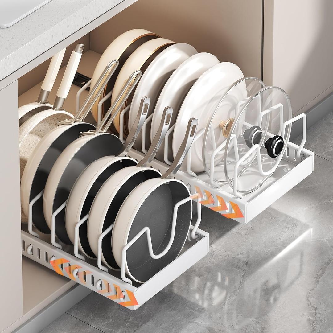Pots and Pans Organizer Under Cabinet 2 Pack, Pull-Out Cabinet Organizer for Pot Lids, Bakeware, Dishes, 8 Adjustable Dividers (White