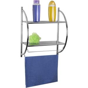 Home Basics 2 Tier Wall Mounting Chrome Plated Steel Bathroom Shelf with Towel Bar