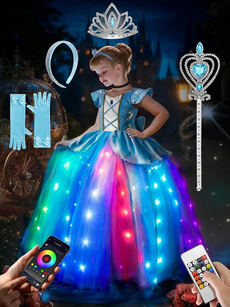 Princess Dress Up for Girls, RGB LED Light Up Syncs Music App Control, Toddler Princess Dress Up Halloween Costume (5-6 Years, Blue)
