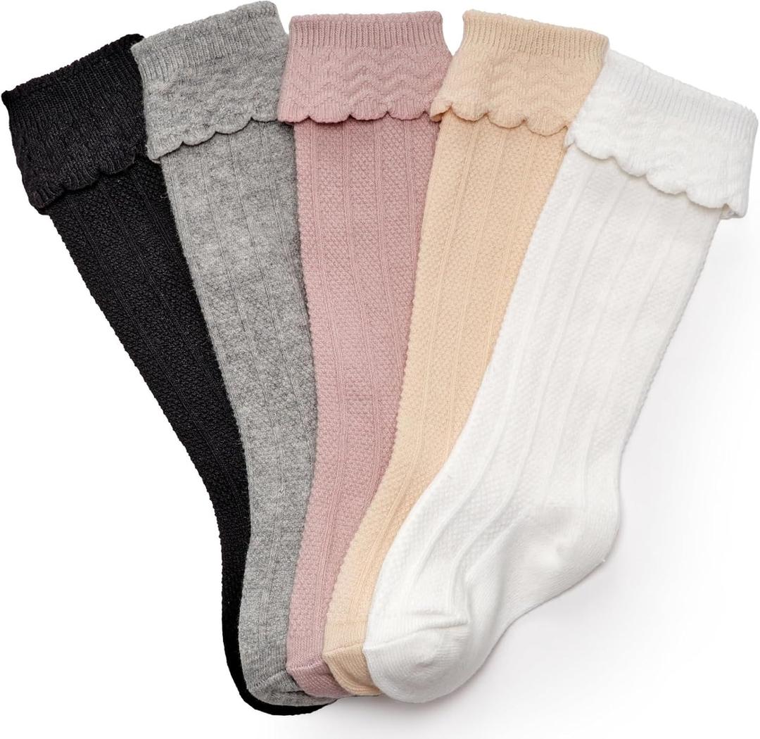CozyWay Baby & Toddler Knee High Socks For Baby Girls Multi Color - 5 Pack (1-3T, White/Black/Gray/Tan/Pink)