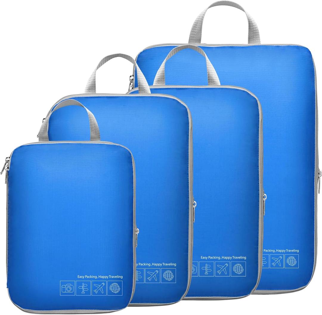 Cambond Compression Packing Cubes for Travel Women - Travel Bags Luggage Organizers Travel Essentials Compression Cubes for Travel Carry on Suitcases (4 Set, 01 Blue)
