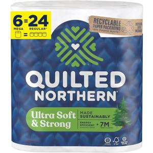 Quilted Northern Ultra Soft & Strong Toilet Paper, 6 Mega Rolls = 24 Regular Rolls, 5X Stronger*, Premium Soft Toilet Tissue with Recyclable Paper Packaging