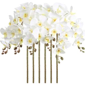 38" White Orchids Artificial Flowers Velvet Silk Orchids, 6 PCS Faux Orchids Long Stem Artificial Flowers for Tall Vase & Home Wedding Decoration(White)