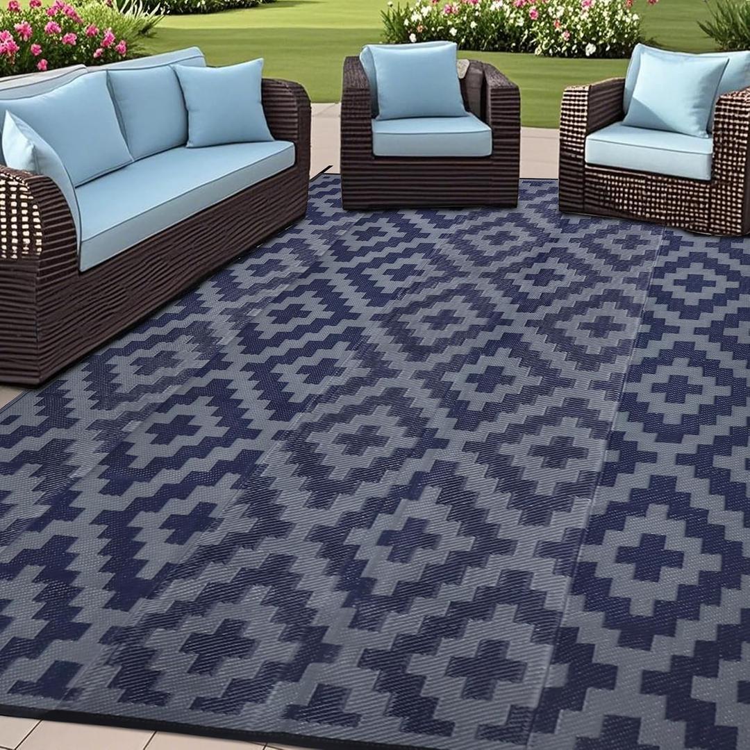 SAND MINE Reversible Mats, Plastic Straw Rug, Modern Area Rug, Large Floor Mat and Rug for Outdoors, RV, Patio, Backyard, Deck, Picnic, Beach, Trailer, Camping (6' x 9', Blue Grey Lattice)