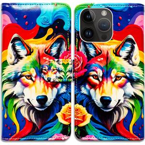 Case for iPhone 16 Pro Max with RFID Blocking,Colorful Rainbow Paint Wolf Roses Leather Flip Phone Case Wallet Cover with Card Slot Holder Kickstand for Apple iPhone 16 Pro Max