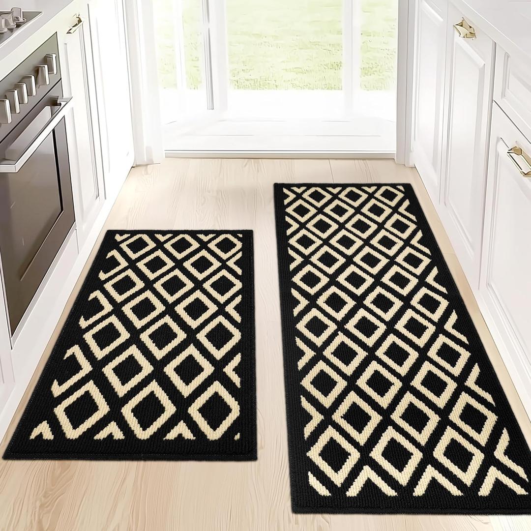 Black Boho Kitchen Rugs 2 Piece Non Slip Machine Washable Kitchen Mats for Floor 100% Polypropylene Absorbent Standing Kitchen Mat Resist Dirt Runner Rug, 20x32+20x47 Inch