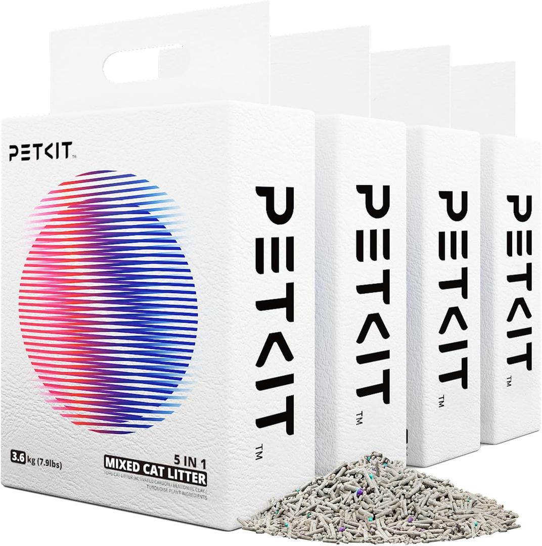 PETKIT Mixed Cat Litter Fast Clumping,Flushable,Ultra Absorbent, 100% Natural Ingredients Litter,Water Dissolvable,Really Dust-Free,Low Tracking Bentonite Tofu Litter ( 7.9 lb 4 Bags)