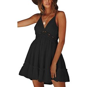 ECOWISH Summer Dresses for Women 2025 V-Neck Spaghetti Strap Bowknot Backless Sleeveless Lace Mini Swing Skater Dress Small