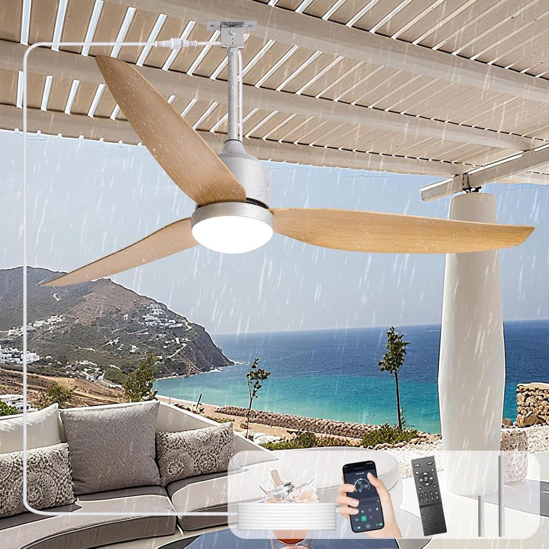 Depuley Outdoor Ceiling Fan with Light: 52 Inch Nickel Waterproof Gazebo Fans with Lights Outdoor Hanging - Plug in Remote App Control for Patio Indoor Farmhouse Porch - 6 Speed Reversible DC Motor (Wood Color)
