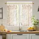 jinchan Floral Linen Kitchen Curtains with Attached Valance 36 Inch Length Farmhouse Cafe Tier Curtains for Living Room Bathroom Rustic Half Window Light Filtering Small Drapes 2 Panels Taupe,30"W x 36"L (Pack of 2)