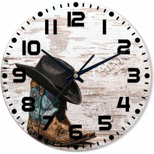 Cowboy Wall Clock Battery Operated American West Rodeo Black Cowboy Hat Wall Clock Silent Non Ticking Quality Quartz 10 Inch Round Easy Clock to Read for Home Office