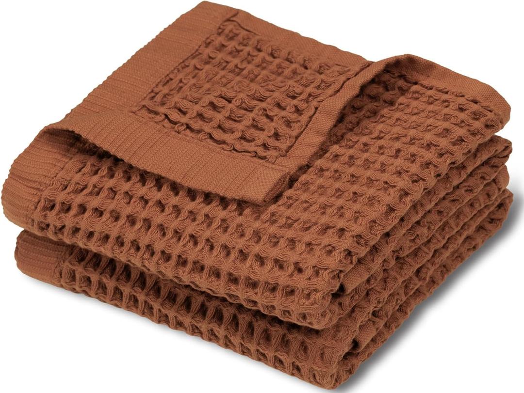 DEMMEX Organic Cotton Waffle Turkish Hand Towels for Bathroom & Kitchen, Large 20x30 in, 100% Oeko-TEX Certified Ultra Soft Turkish Cotton, Lightweight Quick Dry Waffle Weave, Set 2 (Terracotta)