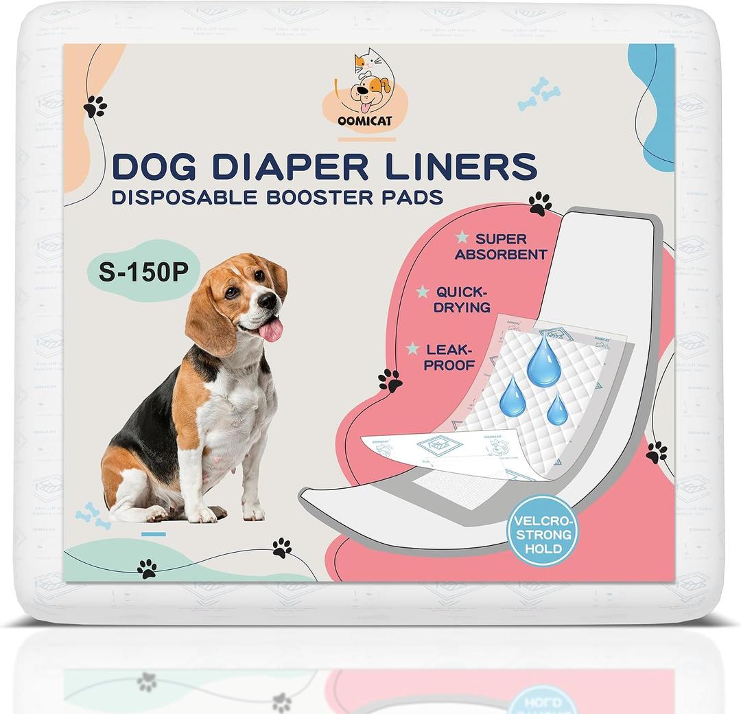 Dog Diapers Liners, 150 Ct, Super Absorbent Booster Pads for Male Dog Wraps and Female Dog Diapers, Lnnovative Hook-and-Loop Tape Design, Super-fit & No Shifting, Small Dog Diaper Pads