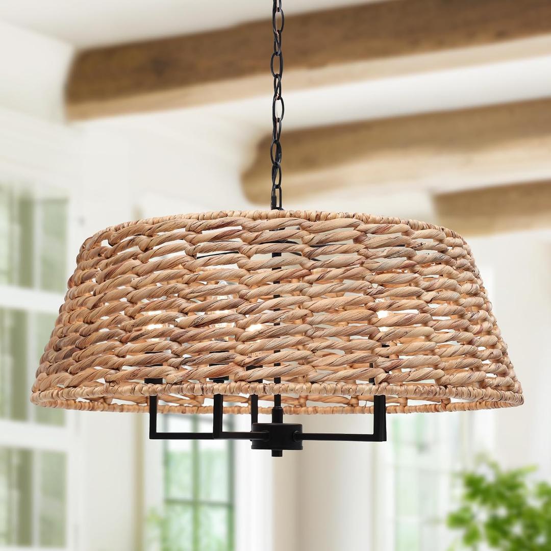 KSANA 26" Large Boho Rattan Chandelier, 5-Light Handwoven Wicker Drum Pendant with Adjustable Chain, Modern Farmhouse Black Dining Room Chandelier for Kitchen Island, Living Room, Entryway, 26" W × 13" H