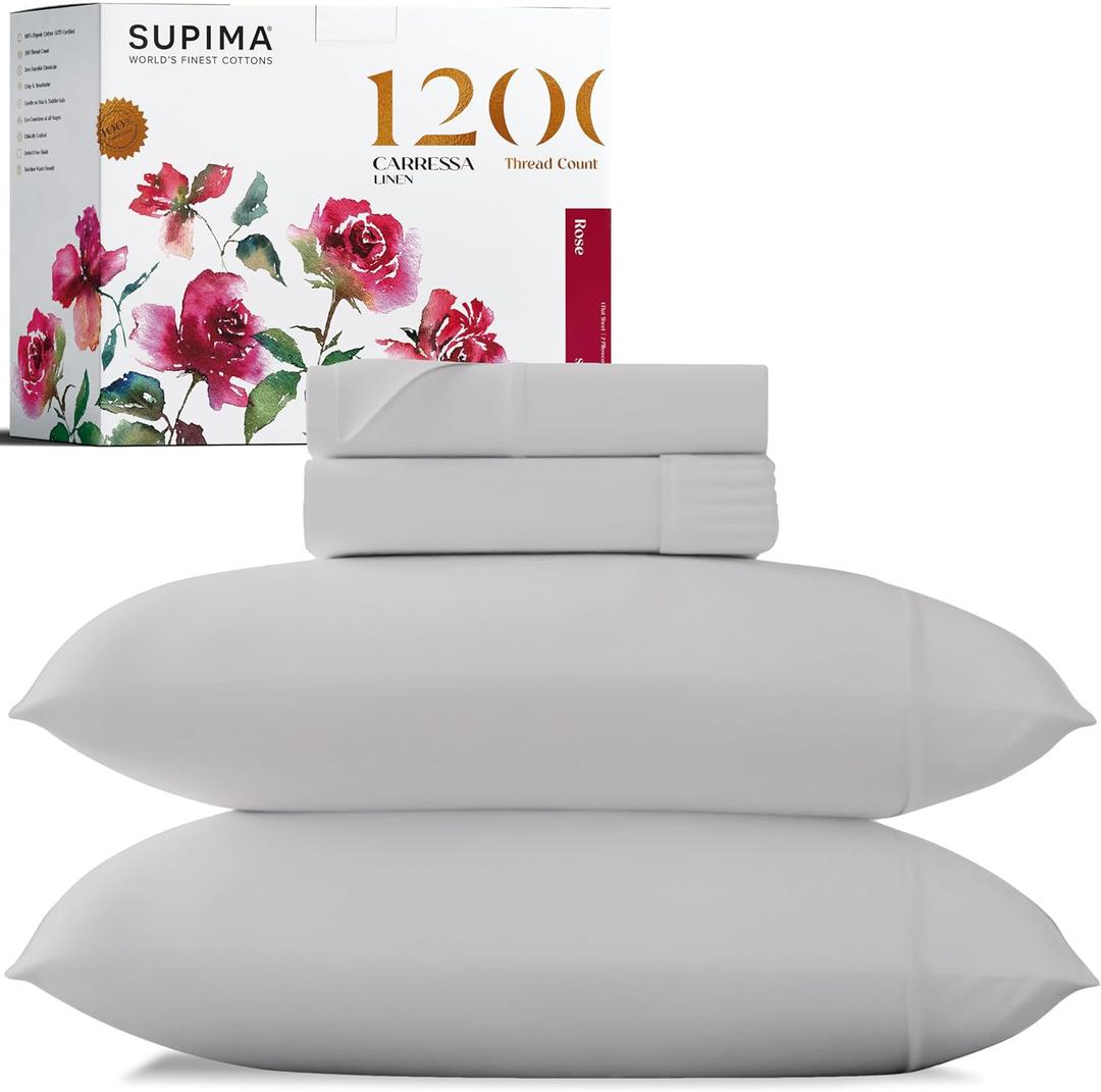 Carressa Linen Luxury 100% Supima Cotton Queen Sheets - Premium 1200 Thread Count Cotton Sheets for Queen Size Bed, 4 Pc Silver Bed Sheets Set, 5-Star Hotel Quality 16" Deep Pocket Cooling Sheets (Supima - Queen, Light Grey)