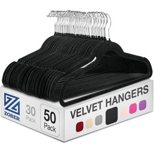 Zober Velvet Hangers 50 Pack - Heavy Duty Black Hangers for Coats, Pants & Dress Clothes - Non Slip Clothes Hanger Set - Space Saving Felt Hangers for Clothing (50 Pack, Black)