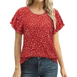 siliteelon Summer Tops for Women Print Flutter Sleeve Round Neck Blouses Dressy Casual Shirt Beach Trendy 2026 Red Floral, XL