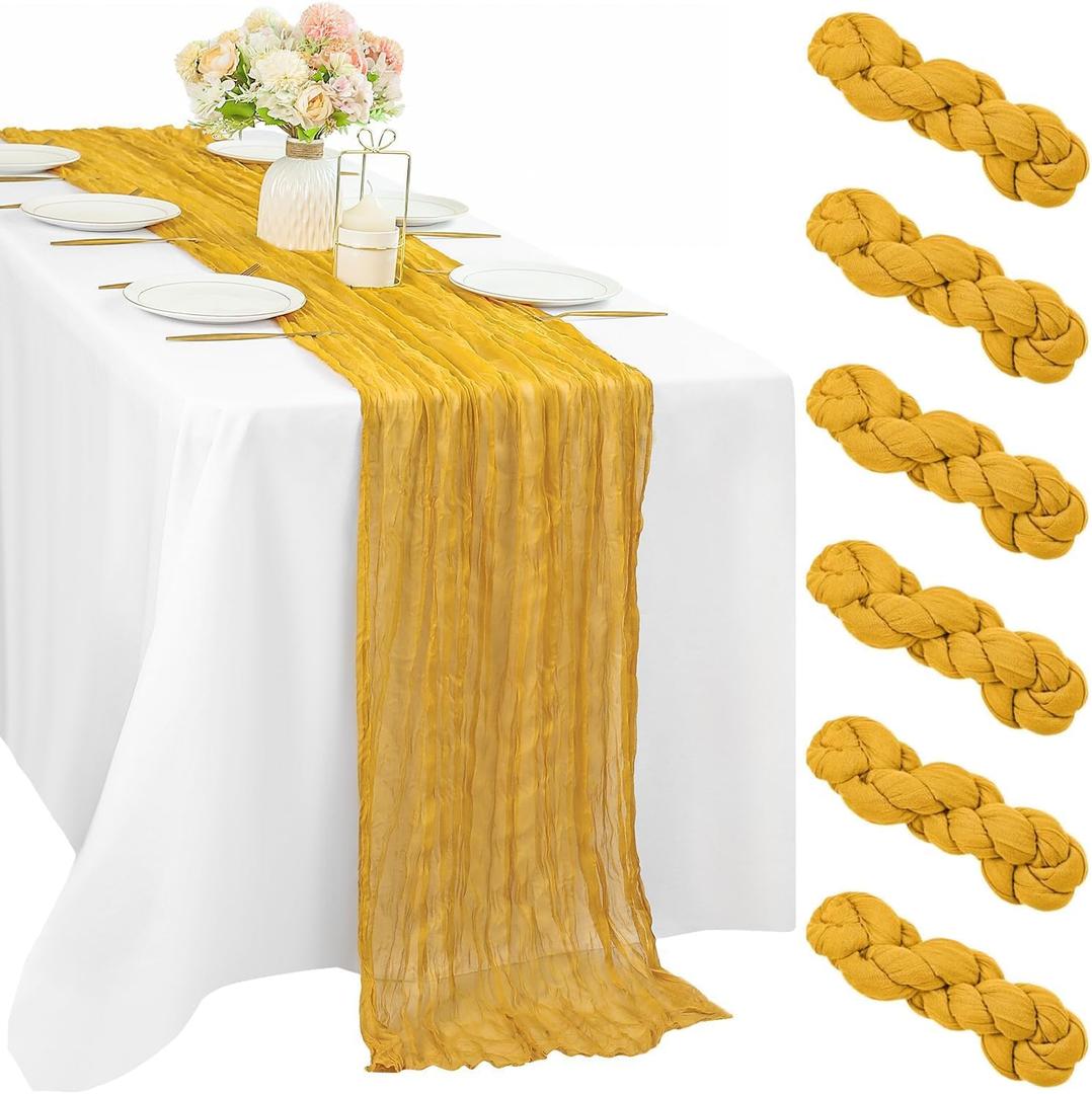 6 Pcs Mustard 35 x 120 Inches Long Cheesecloth Table Runner 10FT Runner for Tables Gauze Fabric Boho Table Runner Decoration Rustic Semi Sheer Runner for Wedding Baby Shower Birthday Party (Mustard)