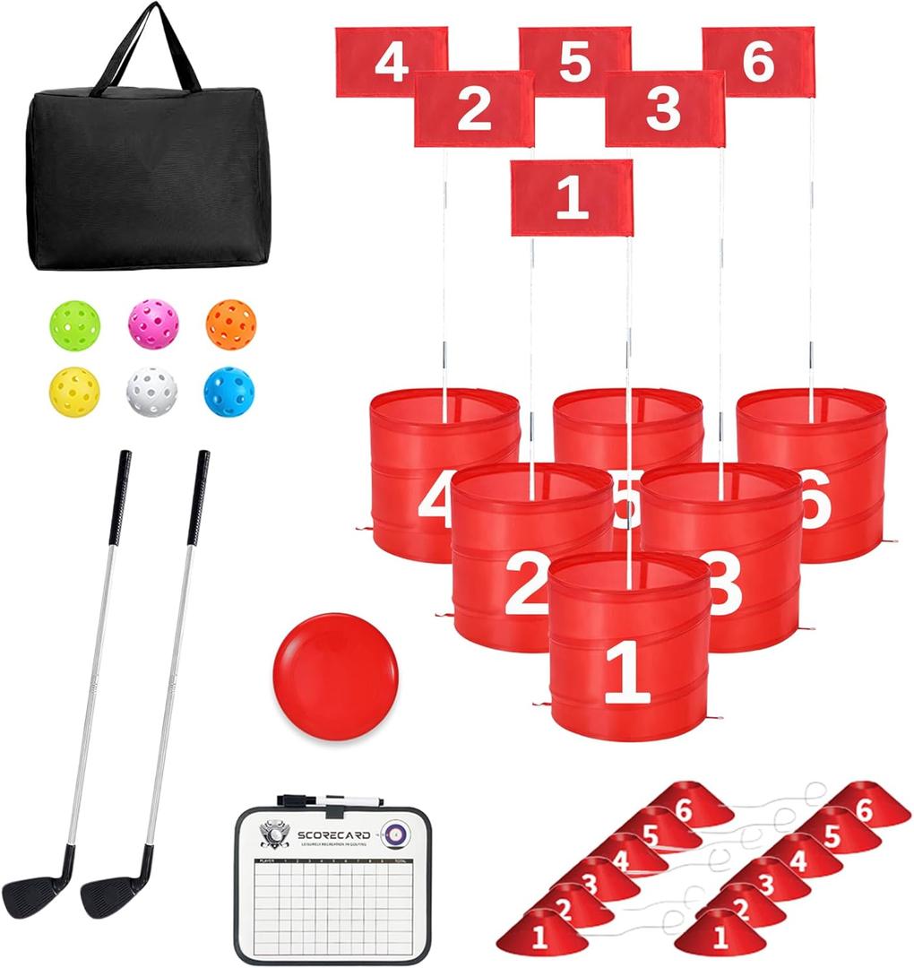 Golf Bucket Yard Game 6-Hole Set with 2 Clubs, Portable Outdoor Yard Game for Family and Adults, Golf Chipping Practice for Lawn, Beach, Camping, Park, Red