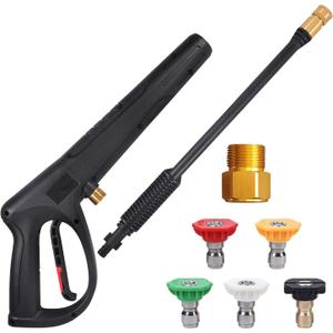 Pressure Washer Gun with Extension Wand & 5 Spray Nozzle Tips, M22-14mm & M22-15mm Fitting Replacement for Ryobi, Karcher, Powerstroke, Greenworks, Husky, Raptor Blast, Electric Power Washer (Black)