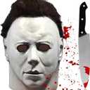 Halloween Horror Mask Scary Latex Full Head Mask with Prop Knife Cosplay Costume Set Halloween Parties for Adults (White)