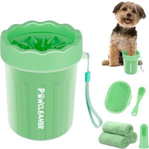 Professional 7 in 1 Dog Paw Cleaner for Dogs & Cats - Includes 1 Portable Paw Washer, 1 Bath Brush, 2 Dog Toothbrushes and 3 Absorbent Towels Note: Fits Paws up to 2 Inches Wide (Small, Light Green)