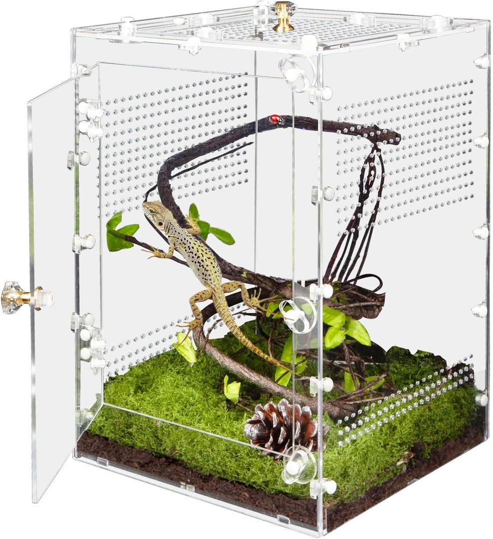 Reptile Enclosure 10 Gallon for Crested Gecko, Lizard, Bearded Dragon, SnakesFrogs, Large Spiders, Acrylic Reptile Tank Feeding Terrarium with Front & Top Opening Doors and Vent Holes - 12"*12"*18"