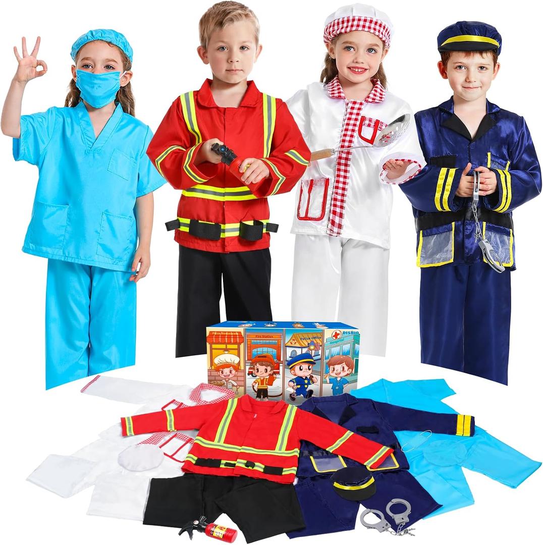 DISHIO Dress Up Clothes for Kids Pretend Role Play Costumes Trunk Toddlers Dress Up Costumes with Fireman Police Doctor Chef Kids Costume Dress Up for Boys Girls Birthday Party Age 3 to 6 (S)