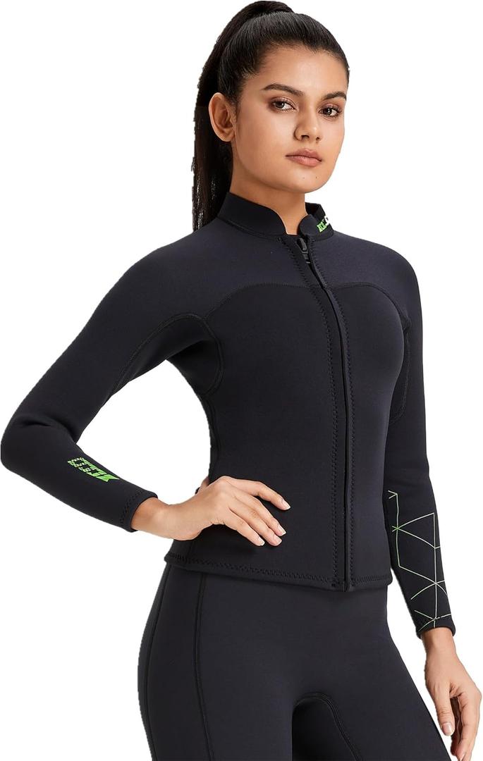Wetsuit Top Women's 3mm Neoprene Wetsuits Jacket,Front Zipper Long Sleeves Diving Suit for Swimming,Snorkeling,Scuba Diving,Surfing (3FT-WM-M)