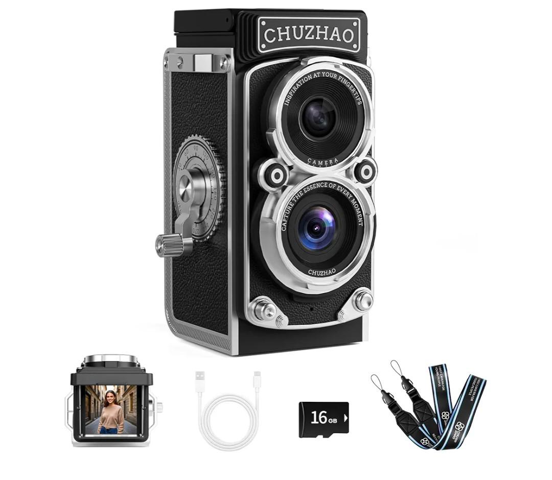 CHUZHAO Mini Retro Digital Camera  Vintage TLR Style Point and Shoot Auto Focus Vlogging Camera, Compact & Portable, 16GB Card Included, Ideal for Beginners, Teens, and Adults