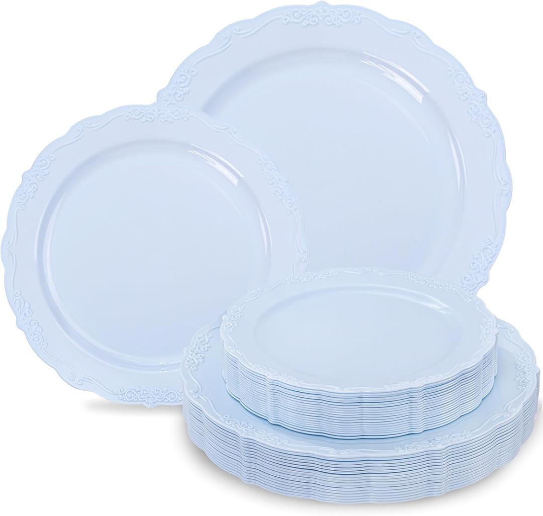 Tinybee 60PCS Light Blue Plates - Heavy Duty Baby Blue Plates, Elegant Plastic Plates for Baby Shower, Birthday and Party Including 30 Dinner Plates 10 '' & 30 Dessert Plates 7.5 ''